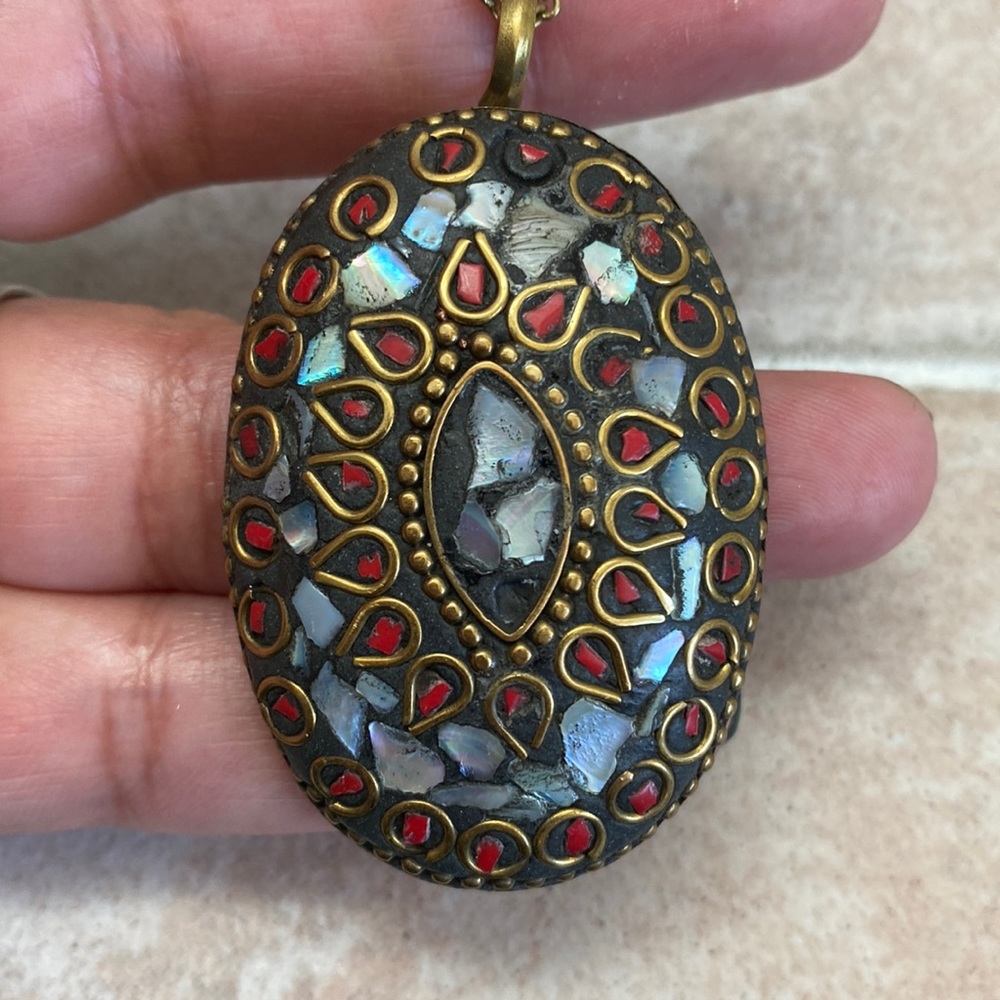 Tibetan Mother of Pearl Brass Pendant - Picture 1 of 8